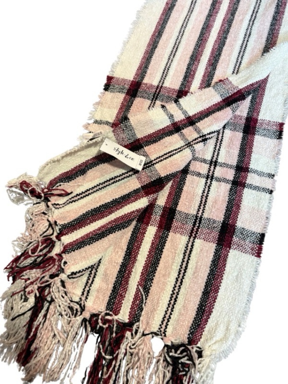 Pink plaid scarf with fringe
